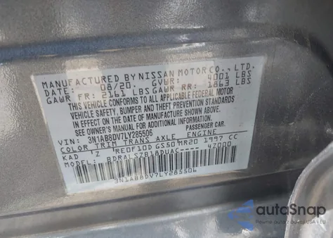 2020 Nissan Sentra Sr Xtronic Cvt z USA, uszkodzony, nr VIN 3N1AB8DV7LY285506
